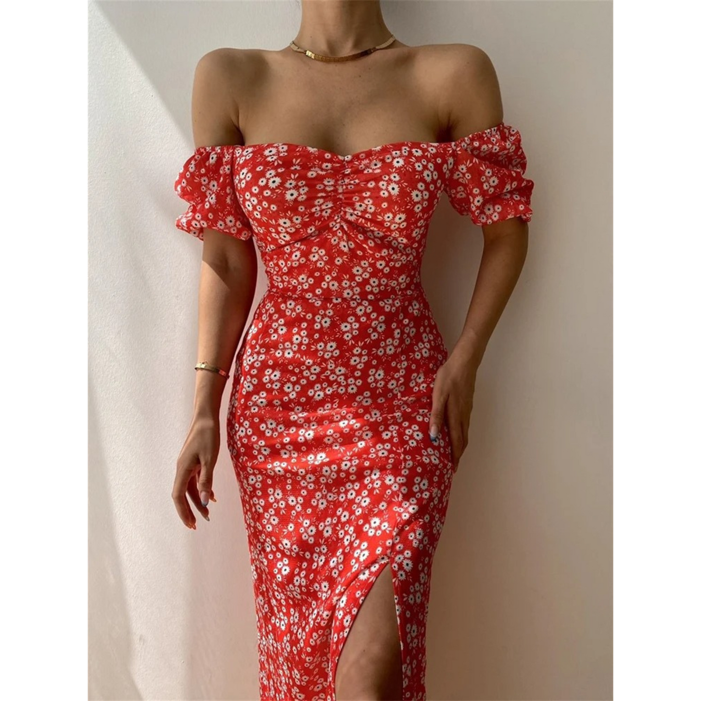 MonLu - off shoulder jurk met split en bloempatroon