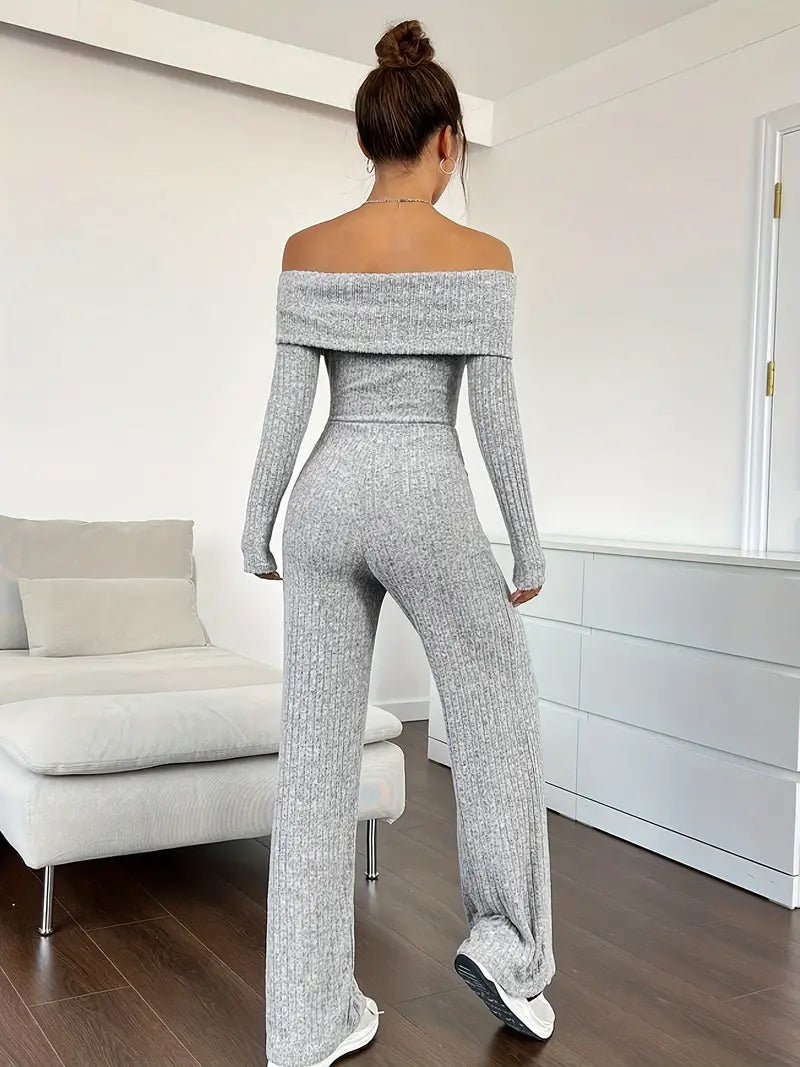 ByLinn - Geribbelde off-shoulder jumpsuit voor dames