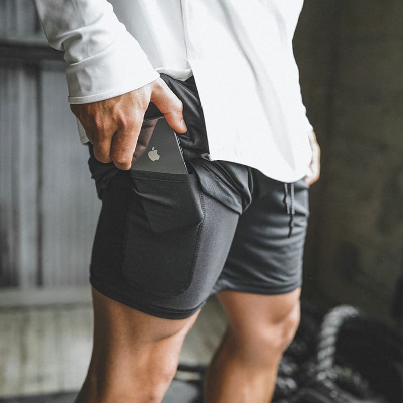 2-in-1 fitness hardloop- en joggingshort met zakje voor smartphone