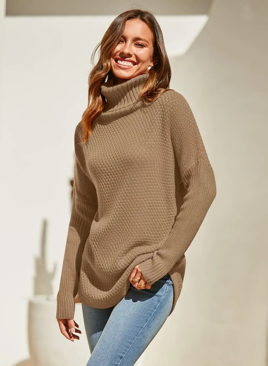 Lila - Vrouwen Plus Maat Turtleneck Lange Mouw Casual Pullover Gebreide Tuniek Sweater