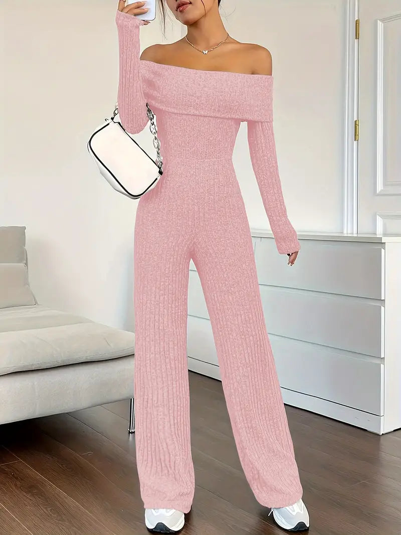 ByLinn - Geribbelde off-shoulder jumpsuit voor dames