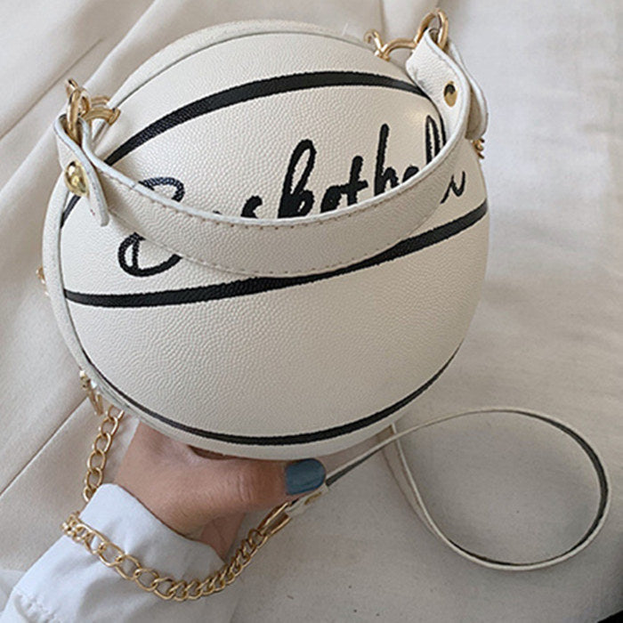 Basketbal handtas, ronde vorm, damesmode, gouden ketting en kunstleer