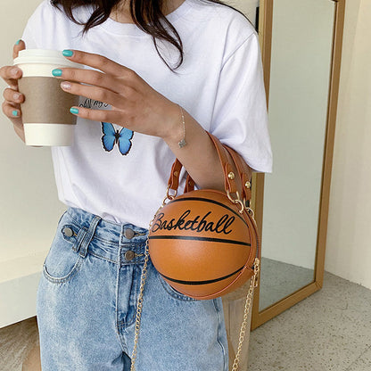 Basketbal handtas, ronde vorm, damesmode, gouden ketting en kunstleer