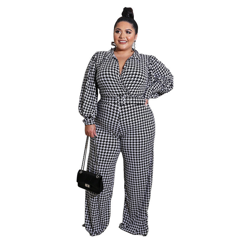 Blaze | Jumpsuit met V-hals, pofmouwen en rechte pijpen in houndstooth-patroon