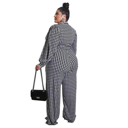 Blaze | Jumpsuit met V-hals, pofmouwen en rechte pijpen in houndstooth-patroon