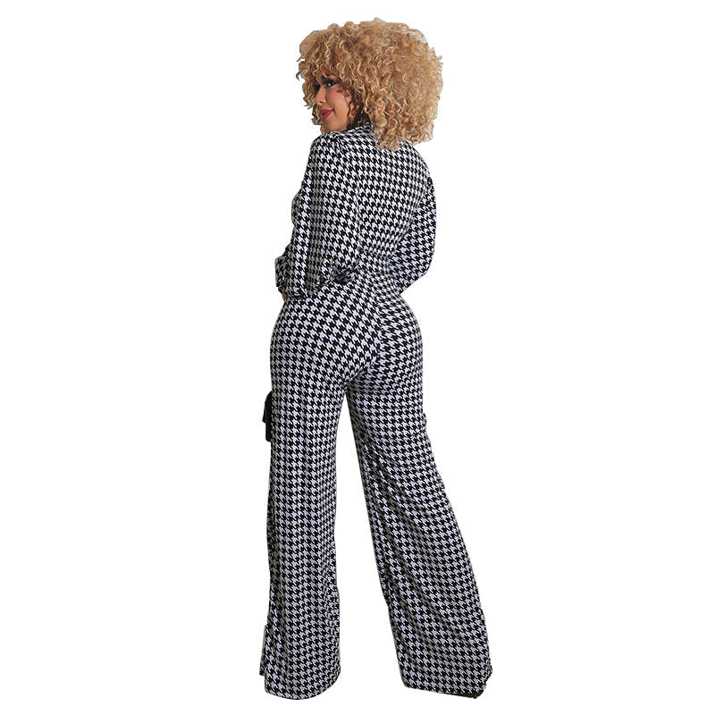 Blaze | Jumpsuit met V-hals, pofmouwen en rechte pijpen in houndstooth-patroon