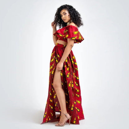 Blaze | Off-the-shoulder crop top set met lange rok met split