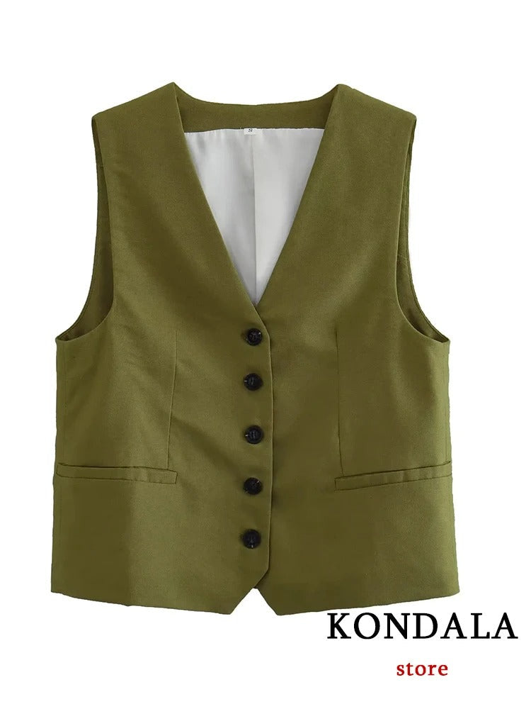 Casual 2-delige linnen jumpsuit voor dames met V-hals, knopen, blazer-gilet + shorts met hoge taille en wijde pijpen