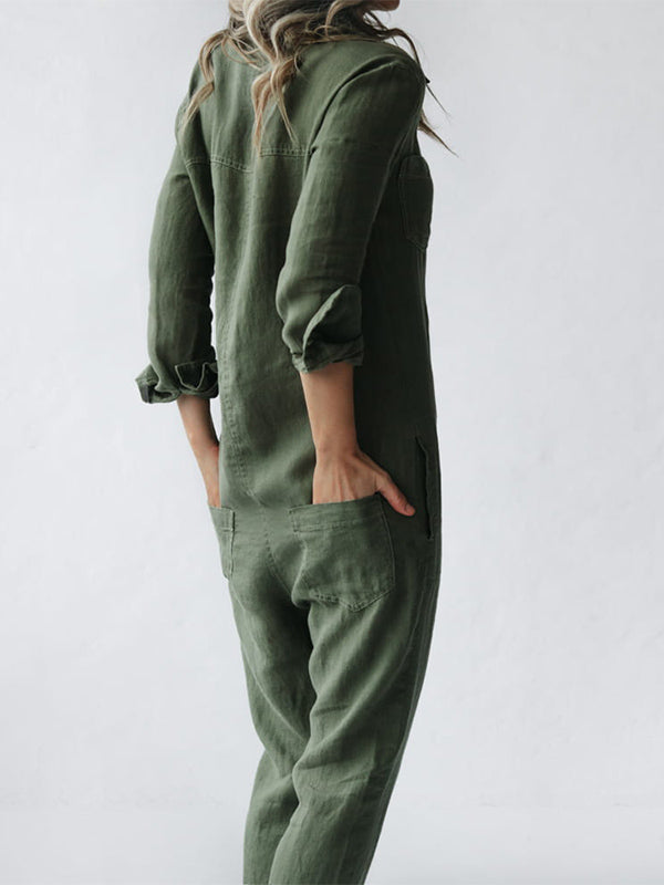 Casual jumpsuit met lange mouwen en revers met knopen