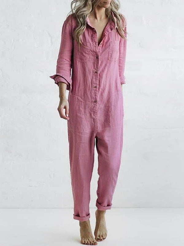 Casual jumpsuit met lange mouwen en revers met knopen