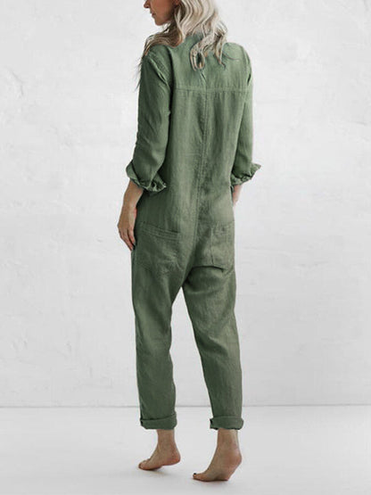 Casual jumpsuit met lange mouwen en revers met knopen