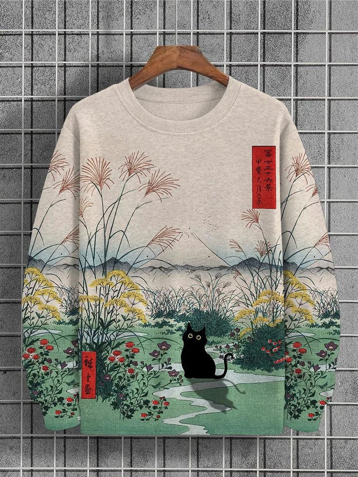 Casual overhemd met Japans kattenpatroon voor mannen, Edo-periode, Mount Fuji