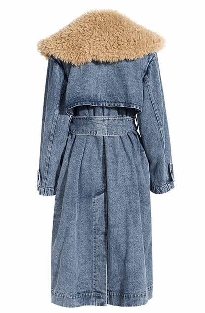 Denim trenchcoat met bontkraag