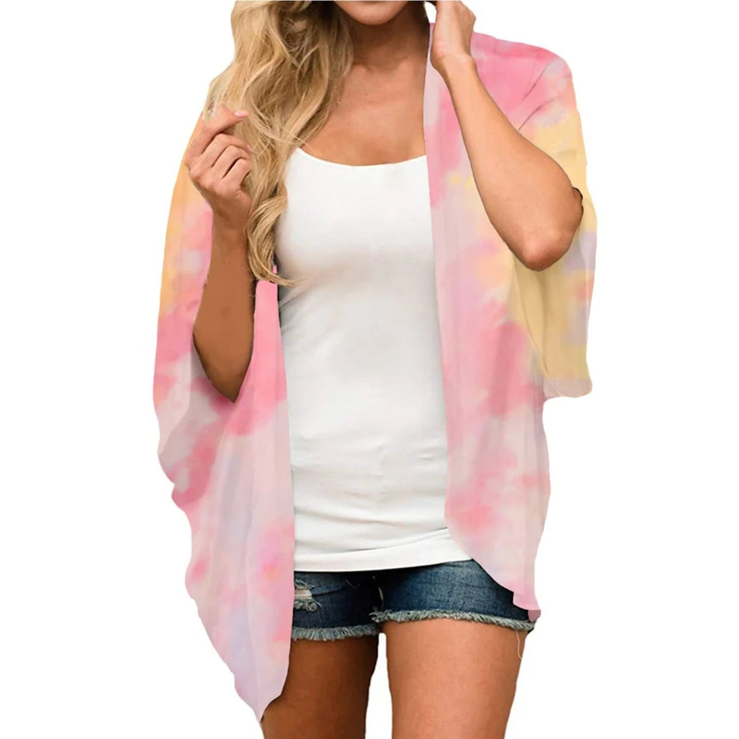 Fleece kimono met tropische print en open voorkant