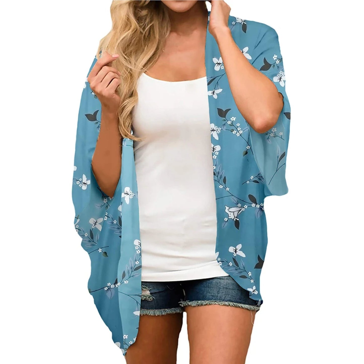 Fleece kimono met tropische print en open voorkant