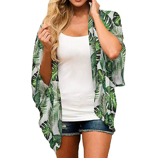 Fleece kimono met tropische print en open voorkant