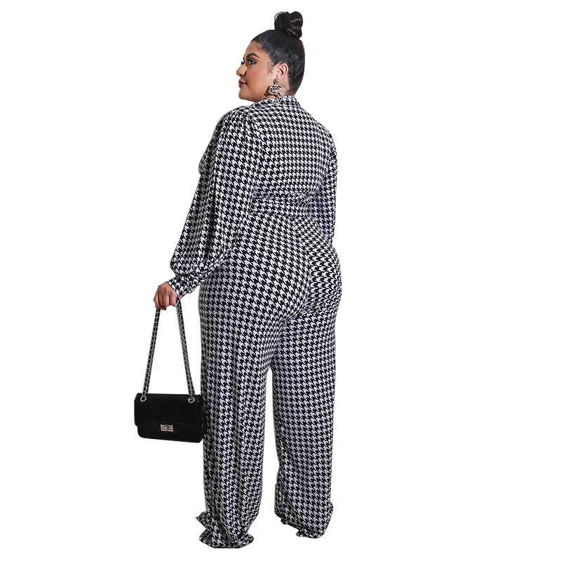 Jumpsuit met V-hals, pofmouwen en rechte pijpen in houndstooth-patroon