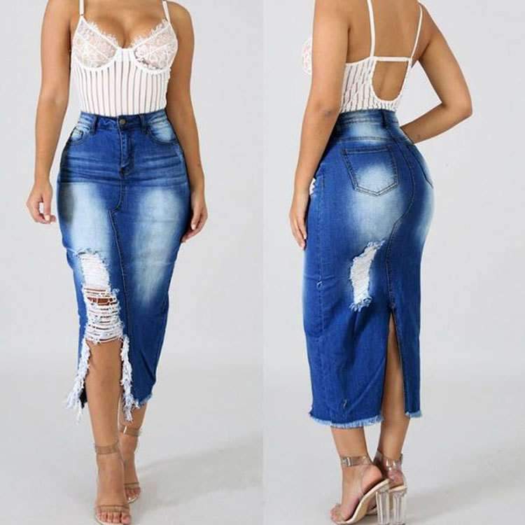 Lange denim rok met geribde zijsplit