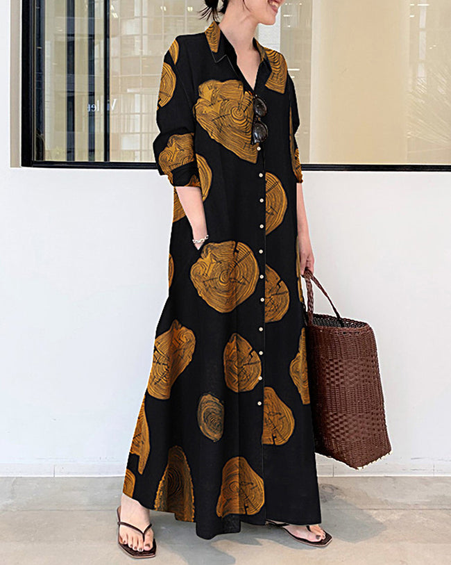 Linnen maxi jurk met lange mouwen, colour block print en contrast, los oversized