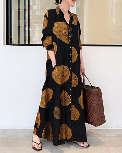 Linnen maxi jurk met lange mouwen, colour block print en contrast, los oversized