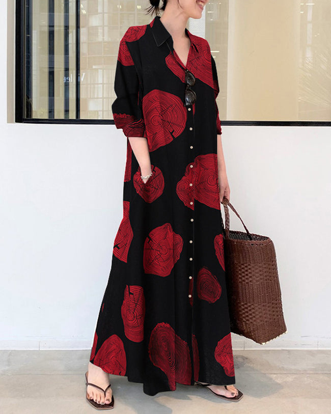 Linnen maxi jurk met lange mouwen, colour block print en contrast, los oversized