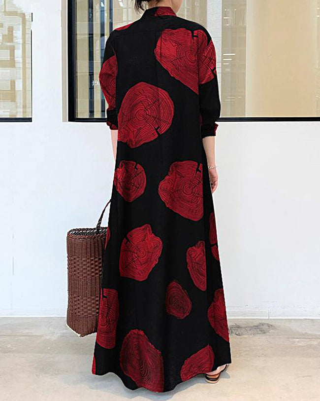 Linnen maxi jurk met lange mouwen, colour block print en contrast, los oversized