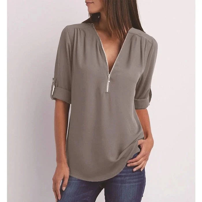 Losse blouse met 3/4 mouwen en ritssluiting in plus size