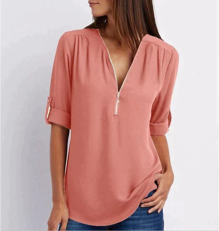 Losse blouse met 3/4 mouwen en ritssluiting in plus size