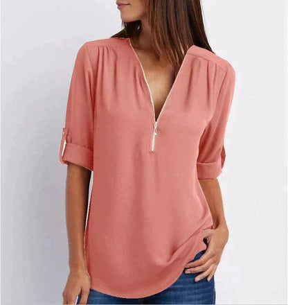 Losse blouse met 3/4 mouwen en ritssluiting in plus size