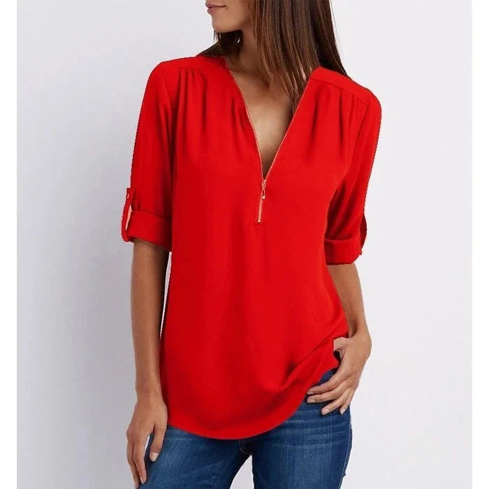 Losse blouse met 3/4 mouwen en ritssluiting in plus size