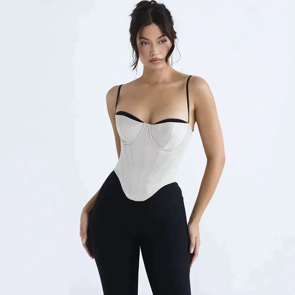 Moderne hoge bustier met contrasterende passepoil en brede spaghetti