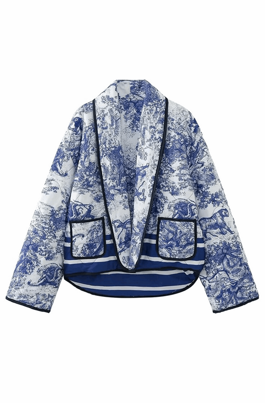 Modieuze blauwe jas met vintage print