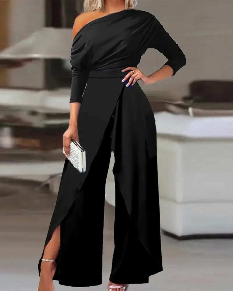 Nieuwe modieuze, eenvoudige, elegante jumpsuit met wijde pijpen