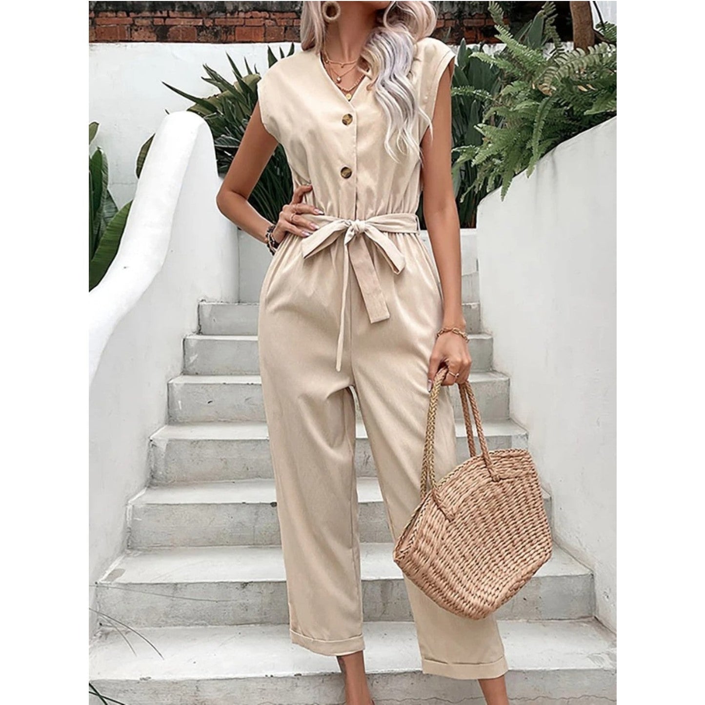 ByLinn - Jumpsuit met V-hals en tailleband