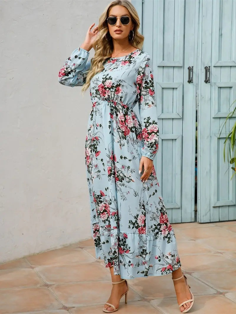 Rianne - Lichtblauwe maxi jurk met bloemenprint