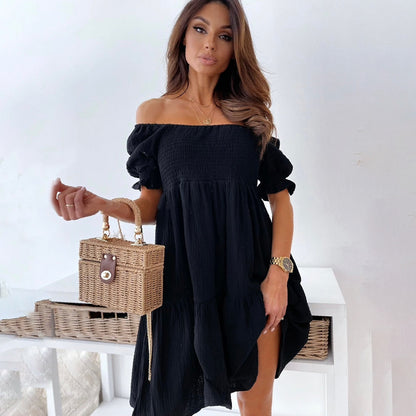 MonLu - Off shoulder zomerjurk met gepofte mouwen