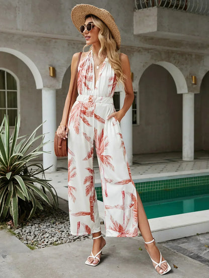 MiSun - Elegante bloemenprint halter wijde pijpen jumpsuit