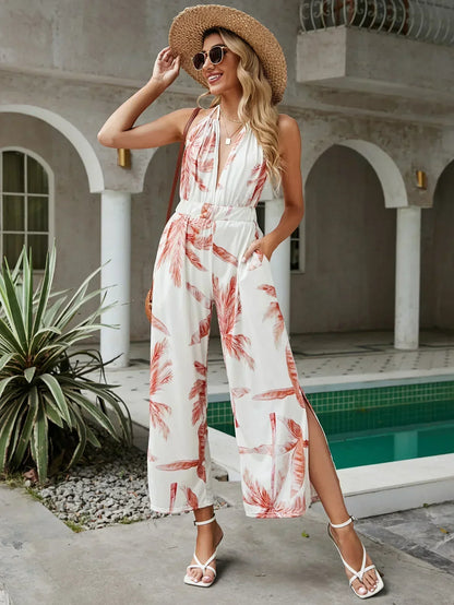 MiSun - Elegante bloemenprint halter wijde pijpen jumpsuit