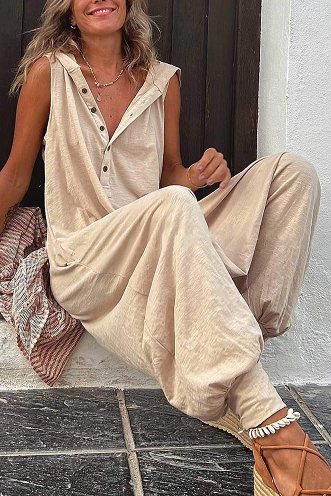 Effen mouwloze jumpsuit met capuchon