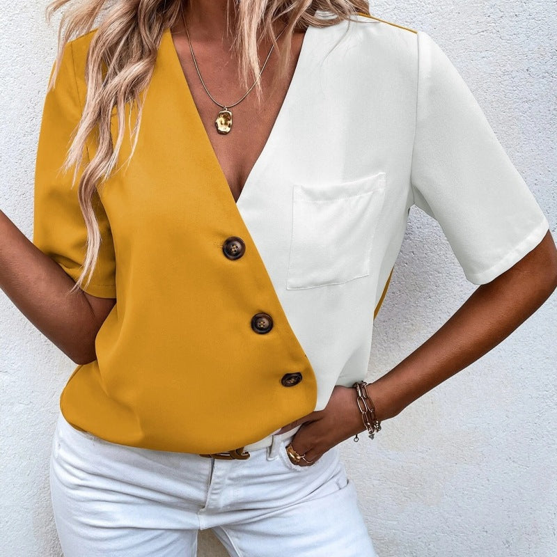 Tweekleurige blouse met V-hals en korte mouwen