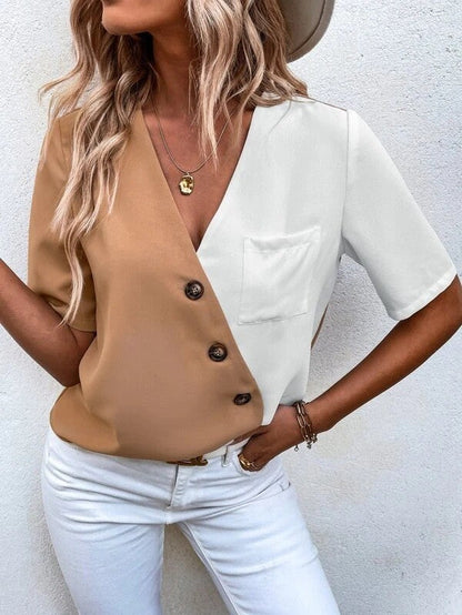 Tweekleurige blouse met V-hals en korte mouwen