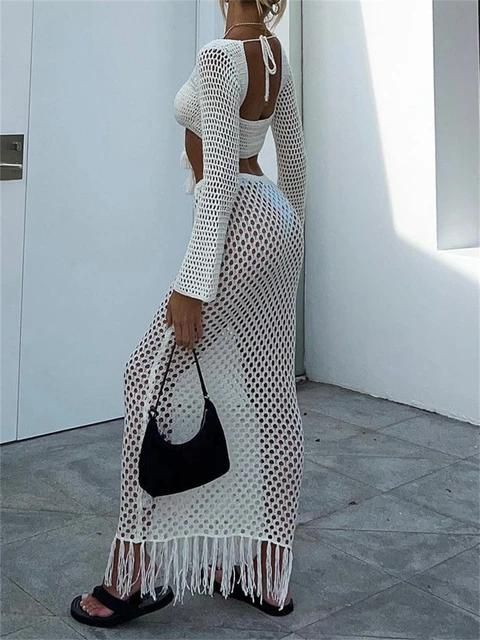 Uitgeholde Crochet Knit Lace Crop Tops met Hoge Taille Rok Set