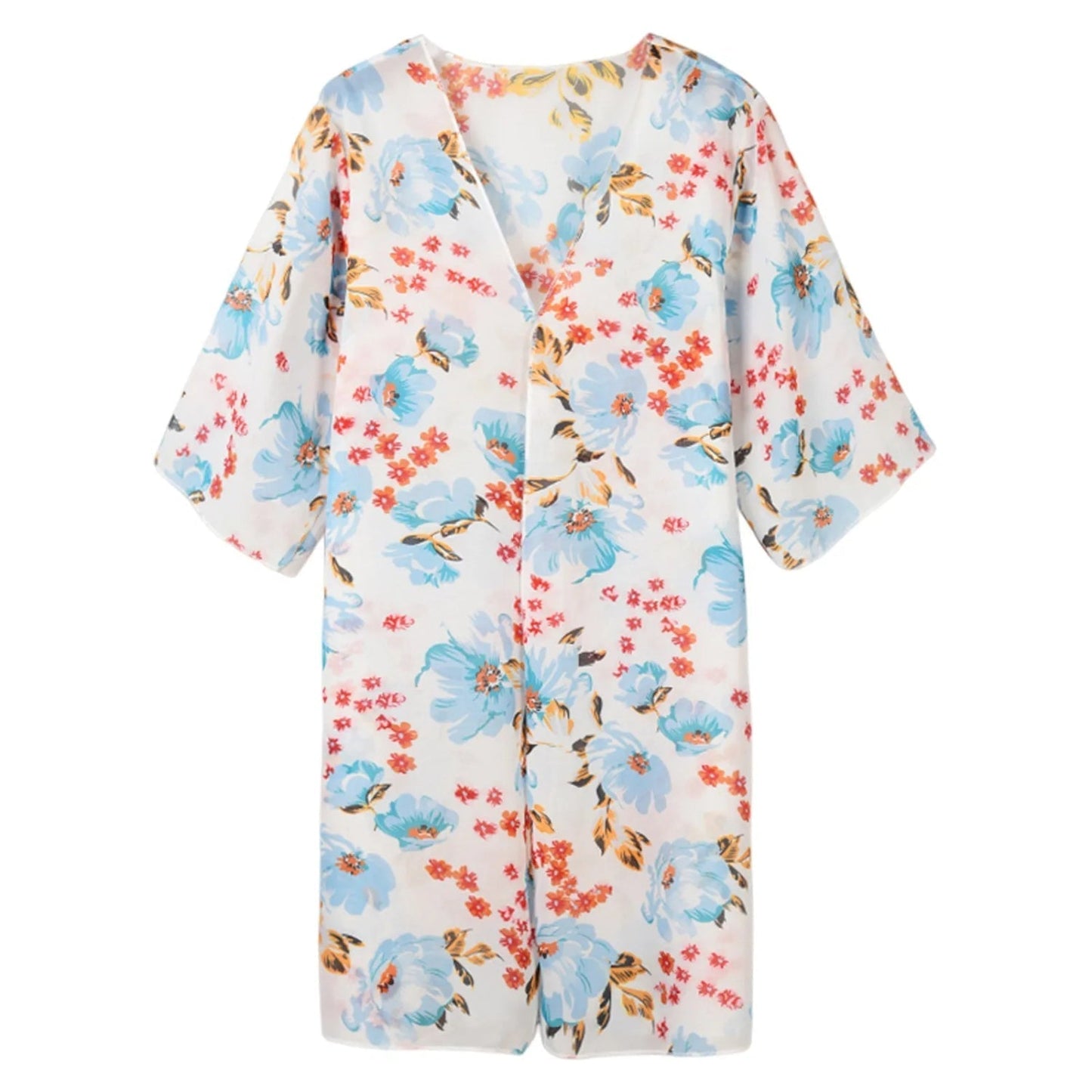 Witte kimono met bloemenprint en revers