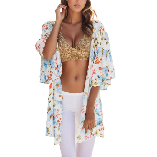 Witte kimono met bloemenprint en revers