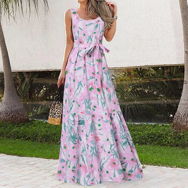 MonLu - Mouwloze maxi jurk met bloemenprint