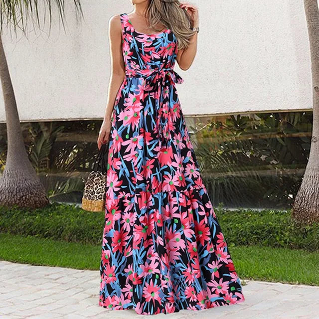 MonLu - Mouwloze maxi jurk met bloemenprint