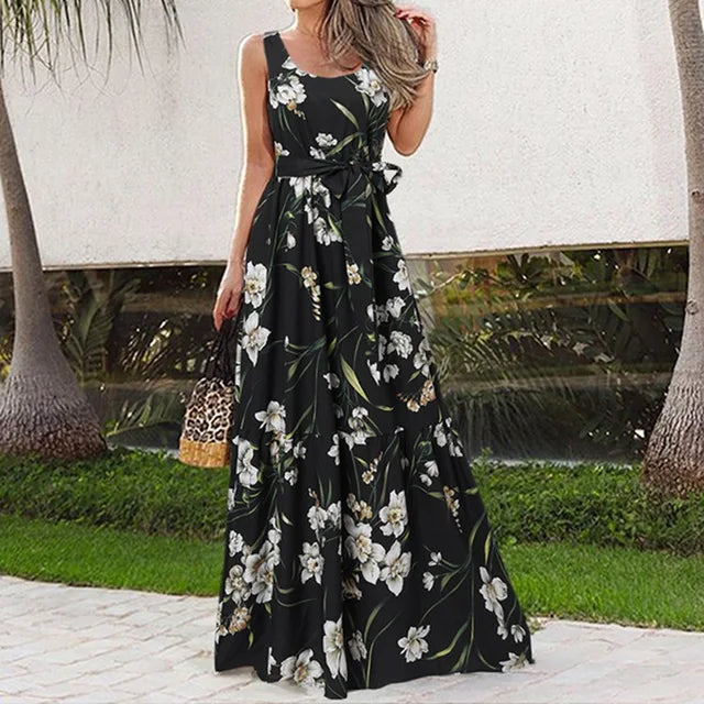 MonLu - Mouwloze maxi jurk met bloemenprint