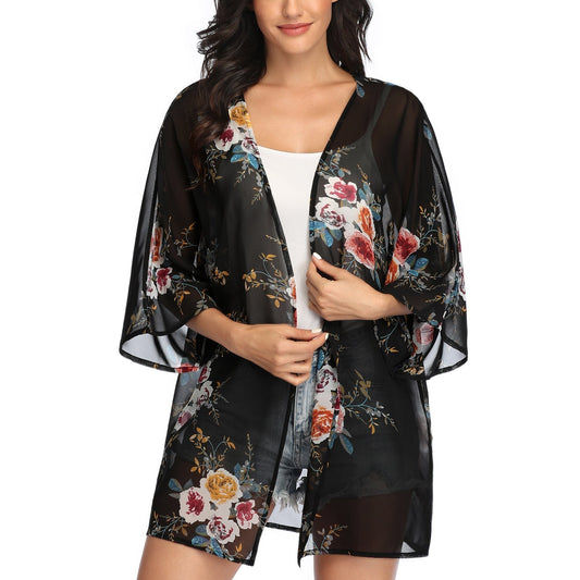 Zwarte, lichtgewicht kimono met geometrische print