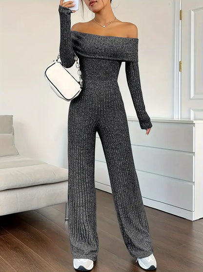 ByLinn - Geribbelde off-shoulder jumpsuit voor dames