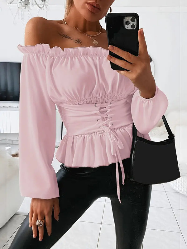 MonLu - Off shoulder top met verstelbare taille